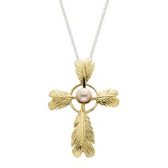 Wide Feather Cross Pendant with Pearl