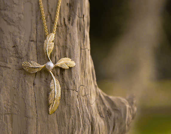 Grainger McKoy Jewelry and Gifts for Her - Narrow Feather Cross Pendant With Pearl
