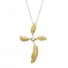 Feather Cross Pendant with Pearl, Small
