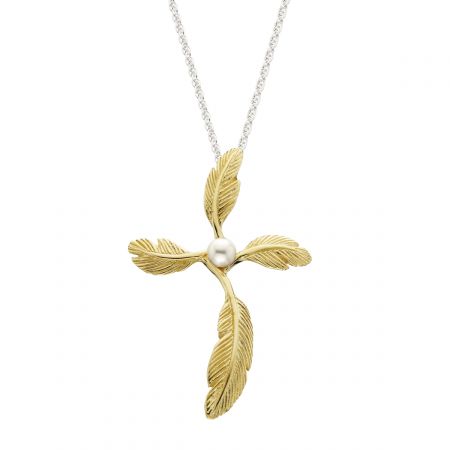 Narrow Feather Cross Pendant with Pearl: The Sculpture of Grainger